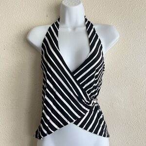 Vintage 90s Y2K K Too Black White Vertical Striped Halter Wrap Top Fairy M